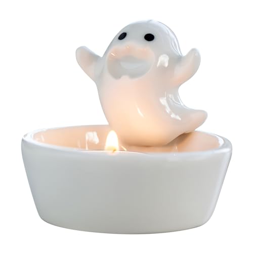 Ghost Kerzenhalter, Niedliche Ghost Candle Holder, Teelichthalter Ghost Halloween Deko, Halloween Geist Keramik Kerzenständer für Geburtstag Halloween Party Wohnzimmer Heimdekoration Tischdeko von Yarteim