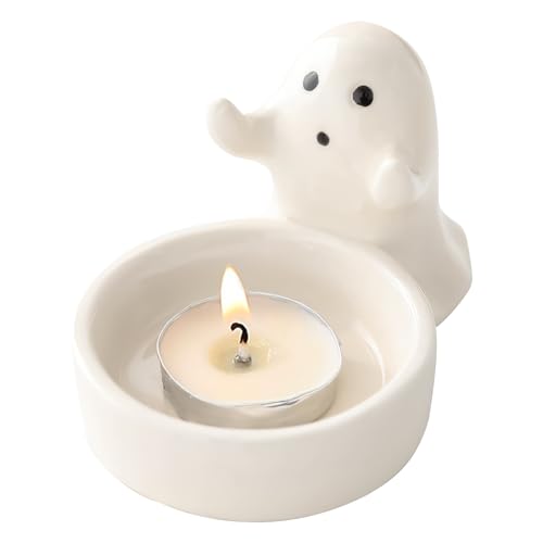 Ghost Kerzenhalter, Niedliche Ghost Candle Holder, Teelichthalter Ghost Halloween Deko, Halloween Geist Keramik Kerzenständer für Geburtstag Halloween Party Wohnzimmer Heimdekoration Tischdeko von Yarteim