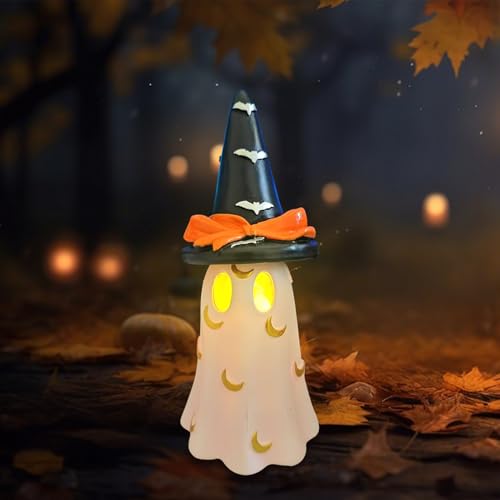 Halloween Deko Geist Statue mit LED Licht, Geister Figuren mit Hexenhut, Halloween Deko Innen Leuchtende Geist Batteriebetrieben, Gruselig Harz Geisterfigur Tischdeko für Geschenke Partydeko (Rosa) von Yarteim