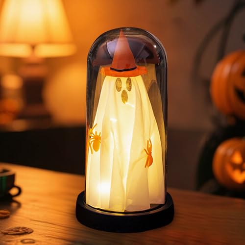Halloween Deko Geist mit mit LED Licht, Leuchtend Geist im Glasglocke, Geisterlampe Halloween Deko Innen Leuchtende Geist Batteriebetrieben, Geister Nachtlicht für Tischdeko, Party (A: Gelb Hut) von Yarteim