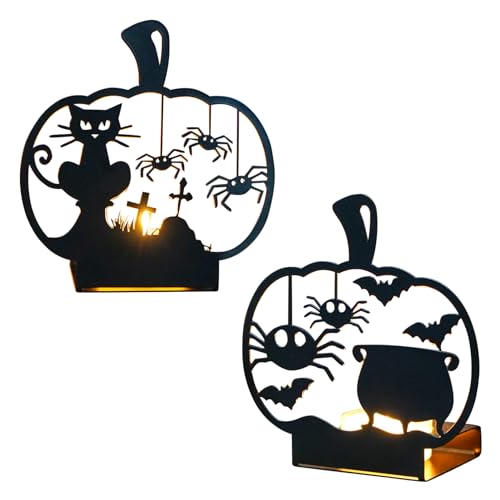 Halloween Deko Kerzenhalter, Halloween Metall Teelichthalter, Kerzenständer Schwarz Metall Retro mit Kürbis Spinne Fledermaus Hexenkessel Motiven, Metall Kerzenhalter für Horror Halloween Party Deko von Yarteim
