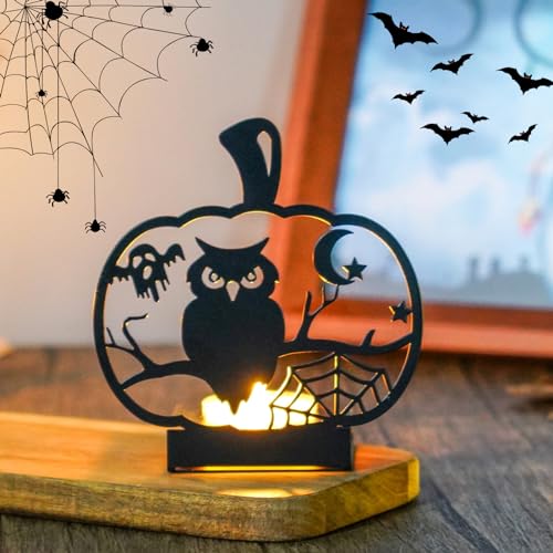 Halloween Deko Kerzenhalter, Halloween Metall Teelichthalter, Kerzenständer Schwarz Metall Retro mit Kürbis Spinne Fledermaus Hexenkessel Motiven, Metall Kerzenhalter für Horror Halloween Party Deko von Yarteim