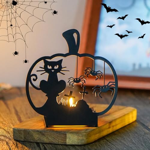 Halloween Deko Kerzenhalter, Halloween Metall Teelichthalter, Kerzenständer Schwarz Metall Retro mit Kürbis Spinne Fledermaus Hexenkessel Motiven, Metall Kerzenhalter für Horror Halloween Party Deko Halloween Deko Kerzenhalter, Halloween Metall Teelichthalter, Kerzenständer Schwarz Metall Retro mit Kürbis Spinne Fledermaus Hexenkessel Motiven, Metall Kerzenhalter für Horror Halloween Party Deko von Yarteim