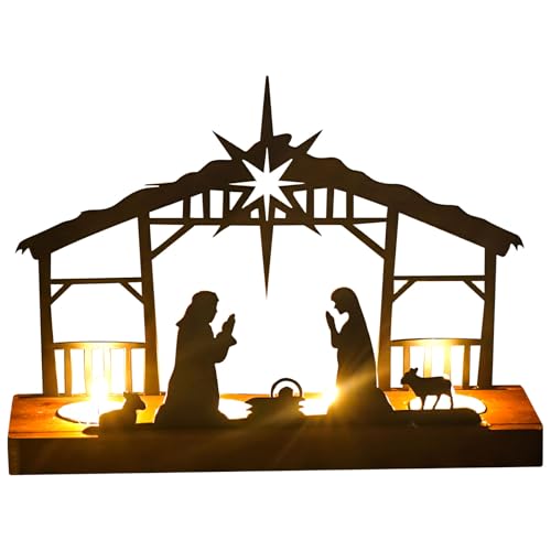 Kerzenhalter Krippe für 4 Teelicht, Holz Kerzenständer mit Metall Kerzentellern, Weihnachten Kerzentablett, Adventskranz Teelichthalter, Kerzenständer Metall Modern für Tischdeko Weihnachtsdeko von Yarteim