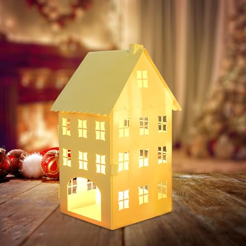 Lichthaus Metall Kerzenhalter für Weihnachtsdeko, Häuser Figuren Windlicht Teelichthalter, Weiß Weihnachten Teelichthaus Häuser, Mini Haus Kerzenständer Laterne für Deko Wohnzimmer Fensterdeko von Yarteim