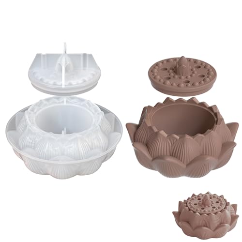 Lotus Silikonform Kerzenhalter,Räucherstäbchenhalter Silikonform mit Deckel,3D Lotosblume Räucherstäbchen Halter Silikonformen Gießformen,Epoxidharz Formen für Räucherstäbchen,Behälter,Aschefänger von Yarteim
