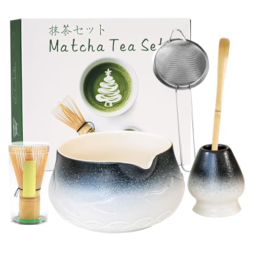 Matcha Set, Matcha Tee Set, Japanisches Teeset Inkl. Bambusbesen, Teelöffel, Sieb, Teetuch, Schneebesenhalter und Matchaschale aus Keramik mit Ausgießer, Perfekt für die Matcha Zeremonie von Yarteim