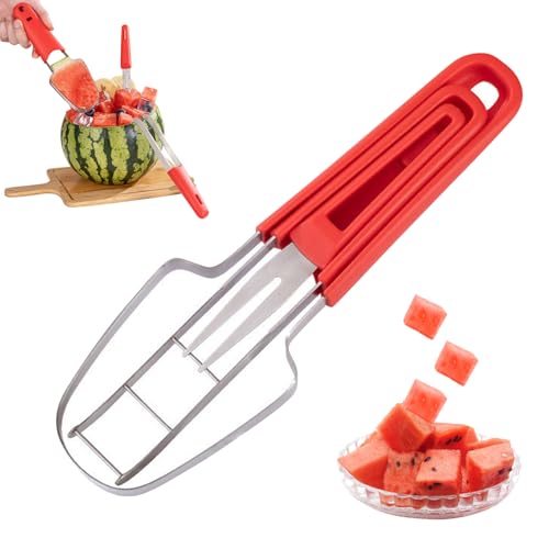 Wassermelonen Gabelschneider, 3 in 1 Edelstahl Wassermelonen Obst Schneider Set, Wassermelonen Ausstecher, Wassermelonen Schneider, Tragbarer Früchte Schneider Werkzeuge, Melonenschneider,Obstgabel von Yarteim