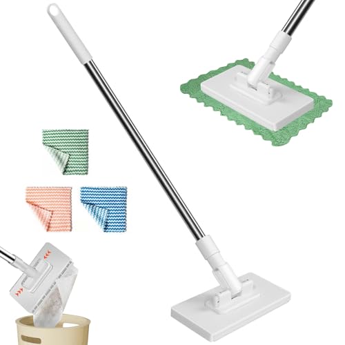 Wischmopp, Bodenwischer Set mit 4 Wischpads, Mikrofaser Wischmop mit Nur Einem Tastendruck, Ohne Händewaschen, Automatisches Klemmtuch, Flachmopp mit 100cm Griff für Hartholz (Mit 3 Wischpads) von Yarteim