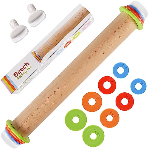 Yasashii Nudelholz aus Holz mit 4 verstellbaren Dickenringen, Antihaft-Teigrolle zum Backen, 43,2 cm Pizzaroller für Küchenbedarf, Griffpress-Design für Fondant, Pizza, Kuchenkruste, Kekse von Yasashii