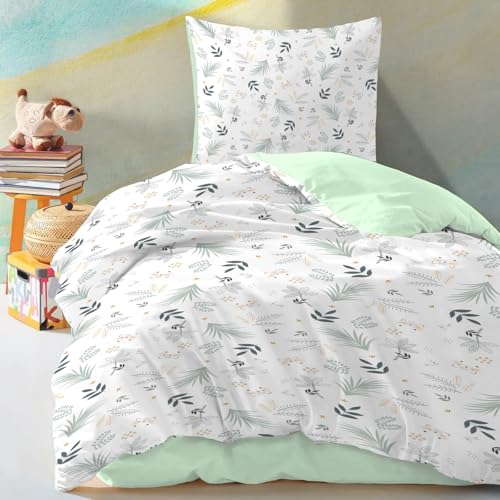 Yasida KinderbettwäSche 135x200 MäDchen GrüN Weiß BläTter BettwäSche Teenager Mit Niedliche Waldtier-Muster FüR Jungen/MäDchen Mikrofaser BettwäSche 135x200 cm 2er Set Mit 1 Kissenbezug 80x80 cm von Yasida