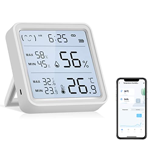 eMylo Bluetooth Hygrometer Innen Raumthermometer Digital mit Smart APP LCD Luftfeuchtigkeitsmesser mit Smiley-Indikator für Innenraum, Baby, Weinkeller, Gewächshaus von Yasorn