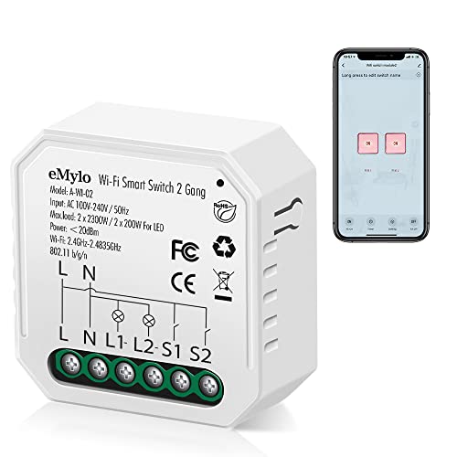 eMylo Mini Smart Wifi Relaisschalter Drahtlose Fernbedienung Wifi Lichtschalter AC 220V 2 Gang Eingebautes Schaltrelaismodul 16A DIY Timer Sprachsteuerung für Hausautomation Kompatibel mit Alexa Echo von Yasorn