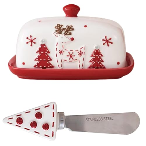 Yately Keramische Butterdose Buttermesser Set, Rentier und Baum gedruckt Butterschale mit Deckel, Butterplatten, Buttermesser, Western Food Dishes, Dim Sum Kekse(White) von Yately