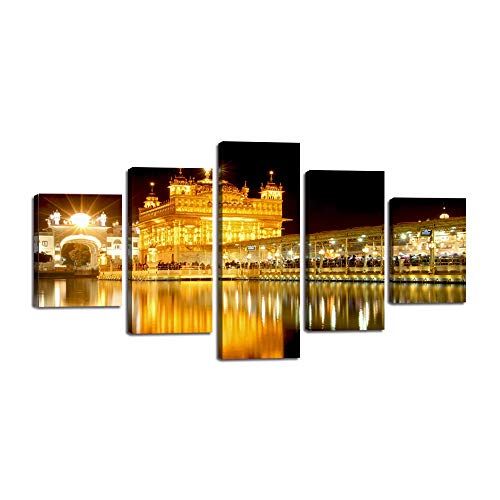 5-teiliges Sikh Leinwandbild, Motiv: Goldener Tempel bei Amritsar, Gemälde, Indien, Bilder, Sonnenaufgang, Spiegelansicht, Posterdruck, Kunstwerk, gerahmt, fertig zum Aufhängen (152.4 x 81.3 cm) von Yatsen Bridge