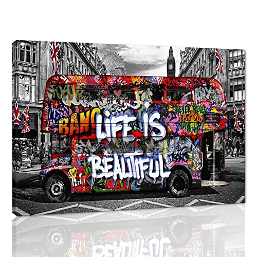 Banksy Street Art Wandbild Bunte Graffiti-Bus Leinwand Wandkunst Life is Beautiful Pop Art Moderne gerahmte Leinwand Wandkunst Dekor für Zimmer Wohnzimmer Schlafzimmer Wände einfach aufzuhängen – 45,7 von Yatsen Bridge