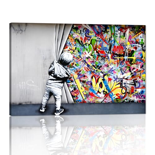 Yatsen Bridge Klassische Street Art Banksy Graffiti-Wandkunst hinter dem Vorhang Poster, Leinwandgemälde, gespannt und gerahmt für Wohnzimmer, Heimdekoration (91.4 cm B x 61 cm) H) von Yatsen Bridge