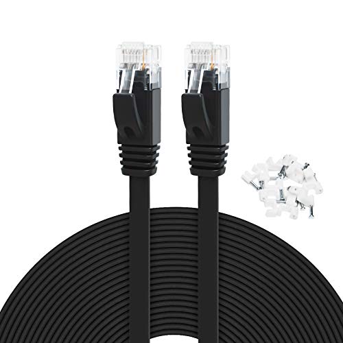 Yauhody Cat 6 Ethernet Kabel 7.5m Schwarz, Solide Flache CAT6-Gigabit-Internet-Netzwerk-LAN-Patchkabel mit Kabelclips, Blankes Kupfer, RJ45-Anschluss für Modem, Router, PC, TV von Yauhody