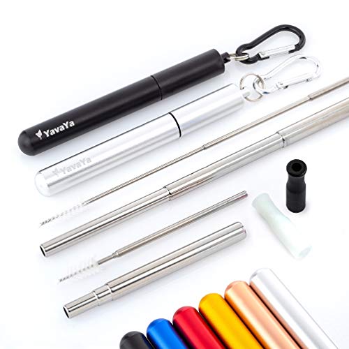 YavaYa® Edelstahl Strohhalm wiederverwendbar Teleskop 2er Set | Reinigungsbürste Karabiner Alu-Hülle Silikon-Spitzen | Stylischer Metall Strohhalm zum Mitnehmen | Easy Reinigen | Gratis eBook von YavaYa