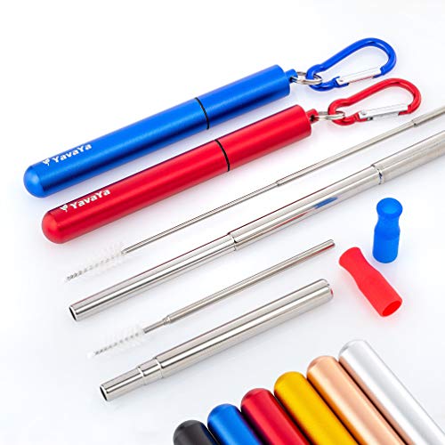 YavaYa® Edelstahl Strohhalm wiederverwendbar Teleskop 2er Set | Reinigungsbürste Karabiner Alu-Hülle Silikon-Spitzen | Stylischer Metall Strohhalm zum Mitnehmen | Easy Reinigen | Gratis eBook von YavaYa