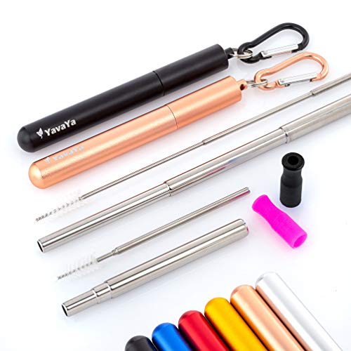 YavaYa® Edelstahl Strohhalm wiederverwendbar Teleskop 2er Set | Reinigungsbürste Karabiner Alu-Hülle Silikon-Spitzen | Stylischer Metall Strohhalm zum Mitnehmen | Easy Reinigen | Gratis eBook von YavaYa