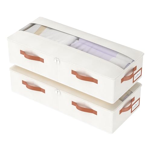 Yawinhe 2 Stück Unterbettkommode, Unterbett Aufbewahrungsbox Vliesstoff, Faltbare Aufbewahrungstasche, mit Klarem Deckel und Haltegriffen, für Schlafzimmer, 60x30x15cm, Beige von Yawinhe