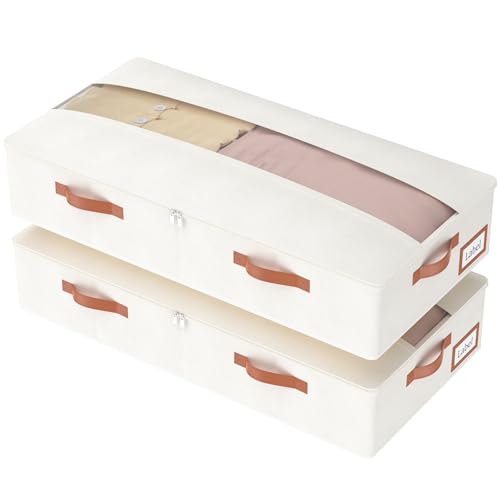 Yawinhe 2 Stück Unterbettkommode, Unterbett Aufbewahrungsbox Vliesstoff, Faltbare Aufbewahrungstasche, mit Klarem Deckel und Haltegriffen, für Schlafzimmer, 80x40x15cm, Beige von Yawinhe
