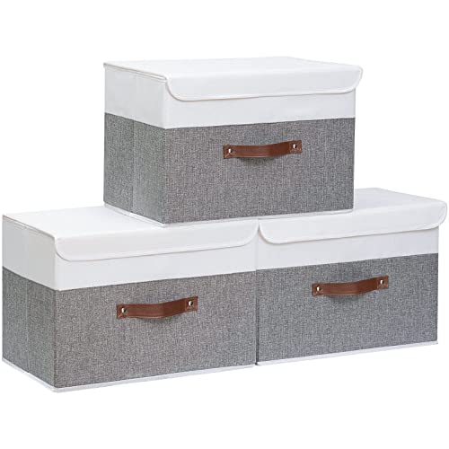 Yawinhe 3 Stück Aufbewahrungsbox mit Deckel, Faltbare Stoffboxen, Waschbare, für Schlafzimmer, Kleideraufbewahrung, 33x23x20cm, Weiß/Grau, SNK018WGS-3 von Yawinhe
