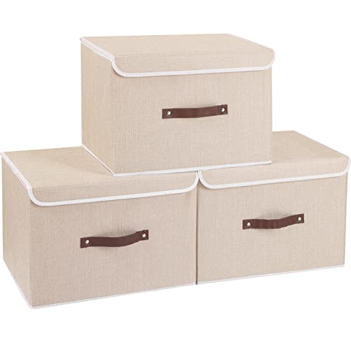 Yawinhe 3 Stück Aufbewahrungsbox mit Deckel, Faltbare Stoffboxen, Waschbare, für Schlafzimmer, Kleideraufbewahrung, 45x30x30cm, Beige, SNK018BE-L von Yawinhe