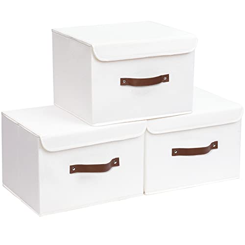 Yawinhe 3 Stück Aufbewahrungsbox mit Deckel, Faltbare Stoffboxen, Waschbare, für Schlafzimmer, Kleideraufbewahrung, 33x23x20cm, Weiß, SNK018WL-S von Yawinhe