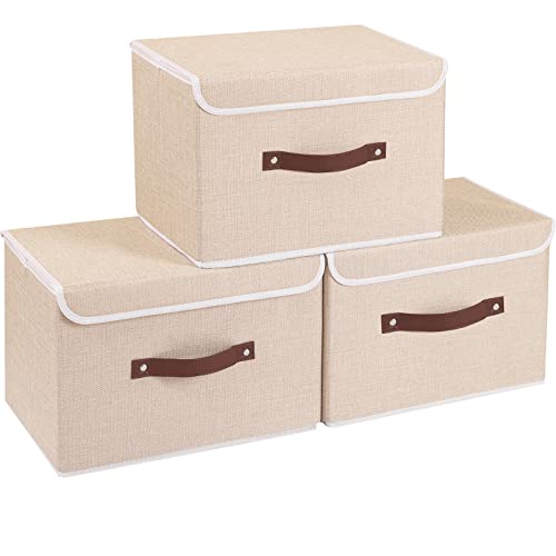 Yawinhe 3 Stück Aufbewahrungsbox mit Deckel, Faltbare Stoffboxen, Waschbare, für Schlafzimmer, Kleideraufbewahrung, 38x25x25cm, Beige, SNK018BE von Yawinhe