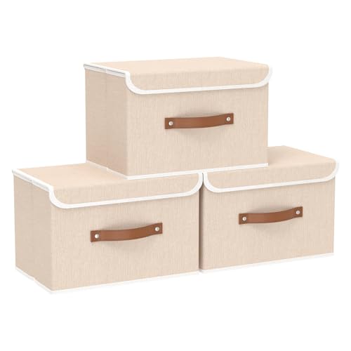 Yawinhe 3 Stück Aufbewahrungsbox aus Stoff, Faltbare Stoffboxen, Waschbare, für Schlafzimmer, Kleideraufbewahrung, 38x25x25cm, Beige, SNK018BE von Yawinhe