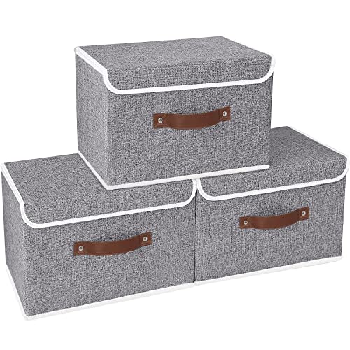 Yawinhe 3 Stück Aufbewahrungsbox mit Deckel, Faltbare Stoffboxen, Waschbare, für Schlafzimmer, Kleideraufbewahrung, 38x25x25cm, Grau, SNK018GY von Yawinhe