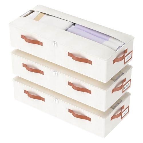 Yawinhe 3 Stück Unterbettkommode, Unterbett Aufbewahrungsbox Vliesstoff, Faltbare Aufbewahrungstasche, mit Klarem Deckel und Haltegriffen, für Schlafzimmer, 60x30x15cm, Beige von Yawinhe