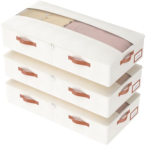 Yawinhe 3 Stück Unterbettkommode, Unterbett Aufbewahrungsbox Vliesstoff, Faltbare Aufbewahrungstasche, mit Klarem Deckel und Haltegriffen, für Schlafzimmer, 80x40x15cm, Beige von Yawinhe