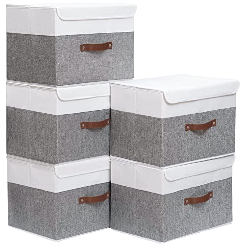 Yawinhe 5 Stück Aufbewahrungsbox mit Deckel, Faltbare Stoffboxen, Waschbare, für Schlafzimmer, Kleideraufbewahrung, 38x25x25cm, Weiß/Grau, SNK018WGL-5 von Yawinhe