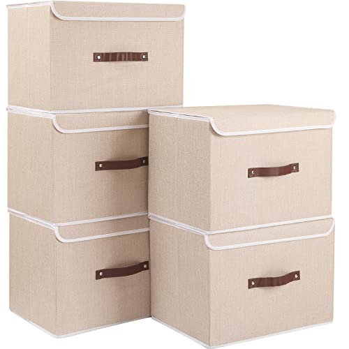 Yawinhe 5 Stück Aufbewahrungsbox mit Deckel, Faltbare Stoffboxen, Waschbare, für Schlafzimmer, Kleideraufbewahrung, 45x30x30cm, Beige, SNK018BE-L-5 von Yawinhe