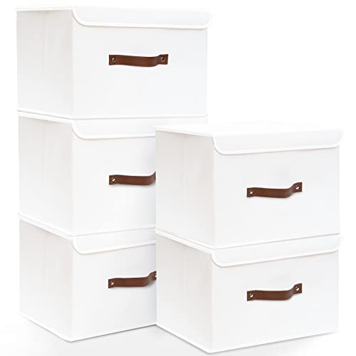 Yawinhe 5 Stück Aufbewahrungsbox mit Deckel, Faltbare Stoffboxen, Waschbare, für Schlafzimmer, Kleideraufbewahrung, 45x30x30cm, Weiß, SNK018WL-L-5 von Yawinhe