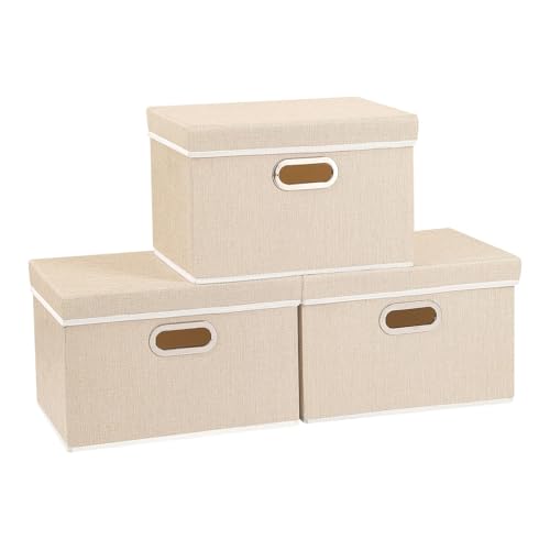 Yawinhe 3 Stück Aufbewahrungsboxen mit Deckel, Faltbare Stoffbox mit Griffen, Boxen Aufbewahrung, für Schlafzimmer, Kleideraufbewahrung, 32x23x20cm, Beige, SNK023BE-3 von Yawinhe