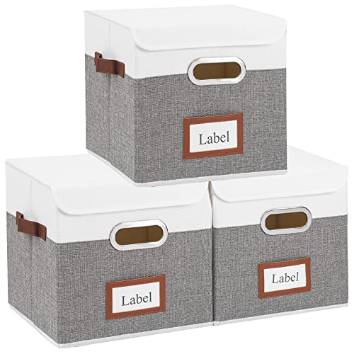 Yawinhe 3 Set Aufbewahrungsboxen mit Deckel, Aufbewahrungsbox mit Griff, Faltbare Stoffboxen, für Schränke, Kleidung, 28x28x28cm, Weiß/Grau, SNK028WG-3 von Yawinhe