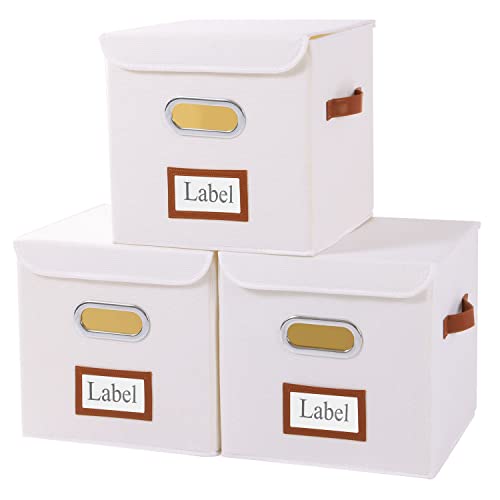 Yawinhe 3 Set Aufbewahrungsboxen mit Deckel, Aufbewahrungsbox mit Griff, Faltbare Stoffboxen, für Schränke, Kleidung, 28x28x28cm, Weiß, SNK028W-3 von Yawinhe