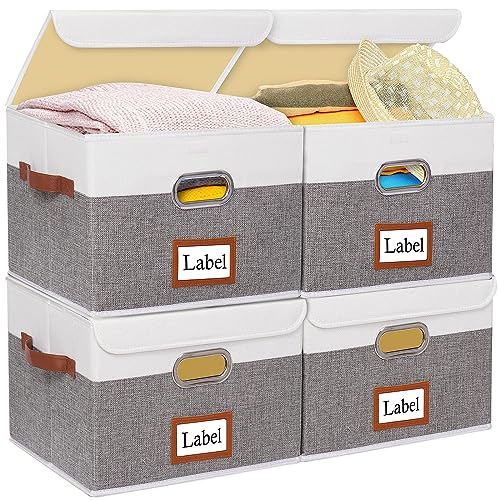 Yawinhe 4 Set Aufbewahrungsboxen mit Deckel, Aufbewahrungsbox mit Griff, Faltbare Stoffboxen, für Schränke, Kleidung, 33x23x20cm, Weiß/Grau, SNK0133WG-4 von Yawinhe