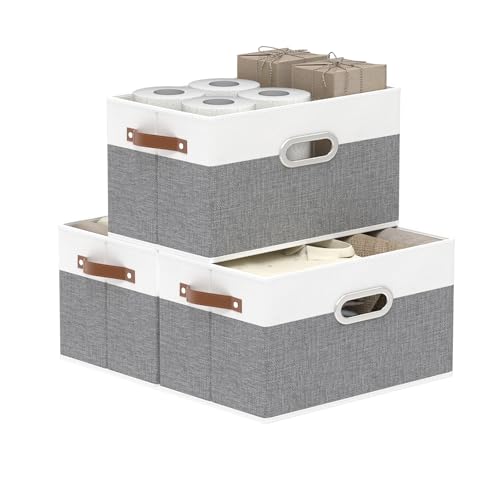 Yawinhe 3 Stück Aufbewahrungsbox aus Stoff, Faltbare Aufbewahrungskörben mit Griffen, Waschbare, für Schlafzimmer, Kleideraufbewahrung, 33x23x20cm, Weiß/Grau, SNK030WGXS von Yawinhe