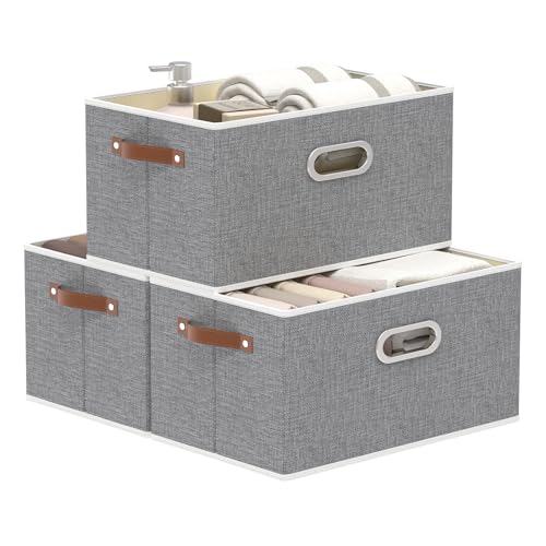 Yawinhe Faltbare Aufbewahrungsboxen mit Griffen, Aufbewahrungsbox stoff, Waschbare, Offene Stoffbox, für Schlafzimmer, Kleideraufbewahrung, 38x25x21cm, 3-Pack, Grau von Yawinhe