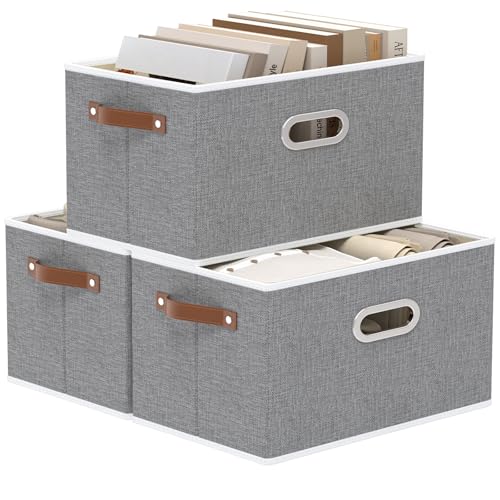 Yawinhe 3 Stück Aufbewahrungsbox aus Stoff, Faltbare Aufbewahrungskorb mit Griffen, Waschbare, für Schlafzimmer, Kleideraufbewahrung, 43x30x26cm, Grau, SNK030GL von Yawinhe