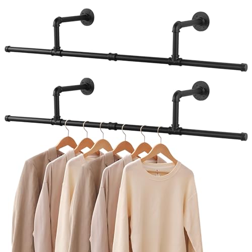 Yawinhe Industrierohr Kleiderstangen, 121cm Kleiderständer für die Wand, Rustikale Kleideraufbewahrung, Platzsparenders Wandregal Küchenregal,für kleine Zimmer,2-Pack,Schwarz von Yawinhe