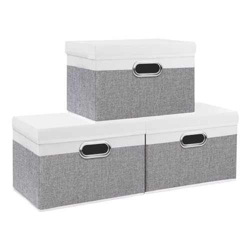 Yawinhe Aufbewahrungsboxen mit Deckel, Faltbare Aufbewahrungsbox, Stoffboxen, Waschbare, für Schlafzimmer, Kleideraufbewahrung, 32x23x20cm, Weiß/Grau, 3-Pack, SNK023WG-3 von Yawinhe