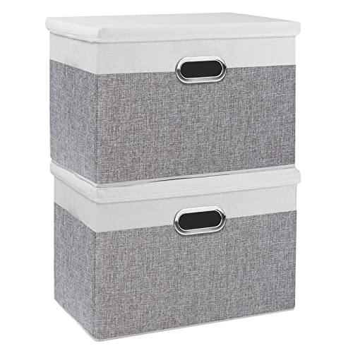 Yawinhe Aufbewahrungsboxen mit Deckel, Faltbare Aufbewahrungsbox, Stoffboxen, Waschbare, für Schlafzimmer, Kleideraufbewahrung, 38x25x25cm, Weiß/Grau, 2-Pack, SNK023WGL-2 von Yawinhe
