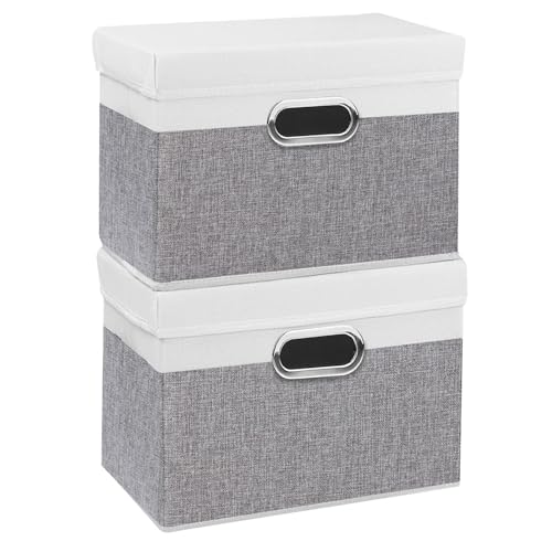Yawinhe 2 Stück Aufbewahrungsboxen mit Deckel, Faltbare Stoffbox mit Griffen, Boxen Aufbewahrung, für Schlafzimmer, Kleideraufbewahrung, 38x25x25cm, Weiß/Grau, SNK023WGL-2 von Yawinhe
