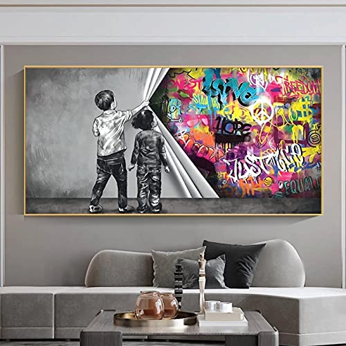 Banksy Art Graffiti-Leinwandgemälde hinter dem Vorhang, Goldrahmen, Drucke, Wandkunst, übergroße Bilder für Wohnzimmer, 165 x 90 cm/65 x 35 Zoll mit goldenem Rahmen von Yayun Art